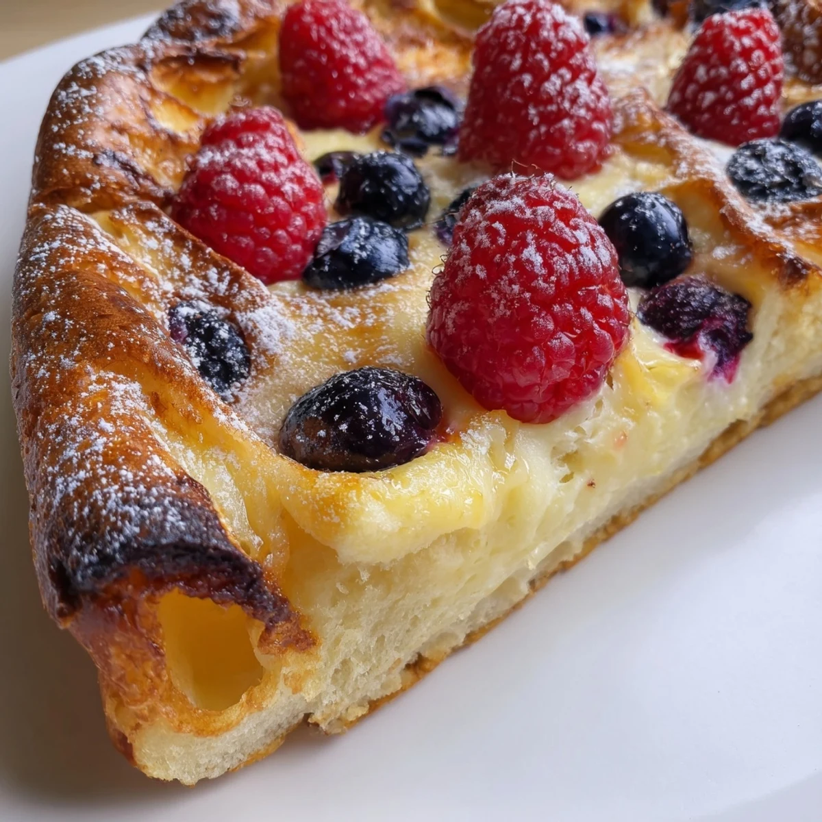 Pillowy baked custard brioche pizza crowned with fresh berries on a rustic pan