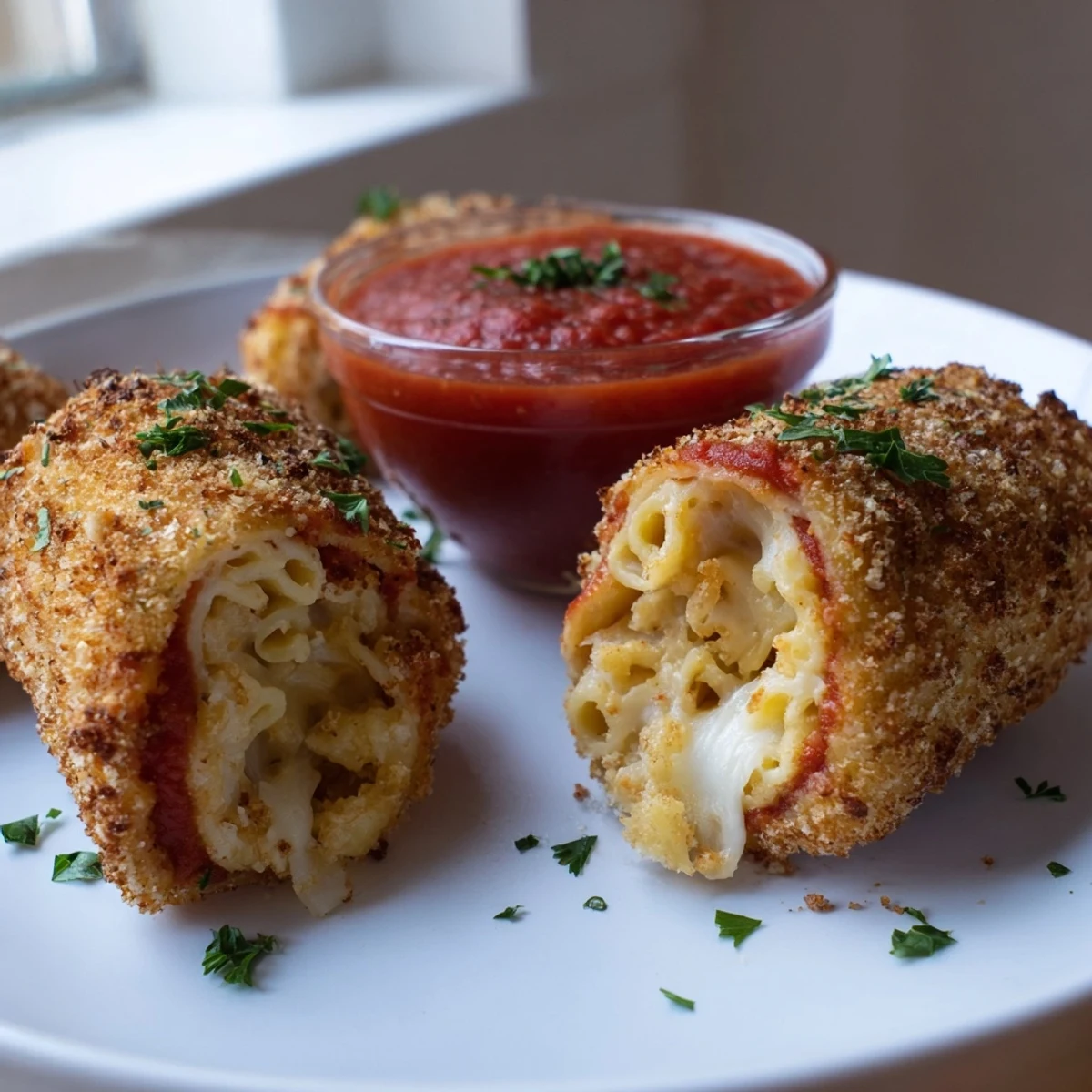 Golden crispy air fryer lasagna fritta with gooey cheese served alongside warm marinara