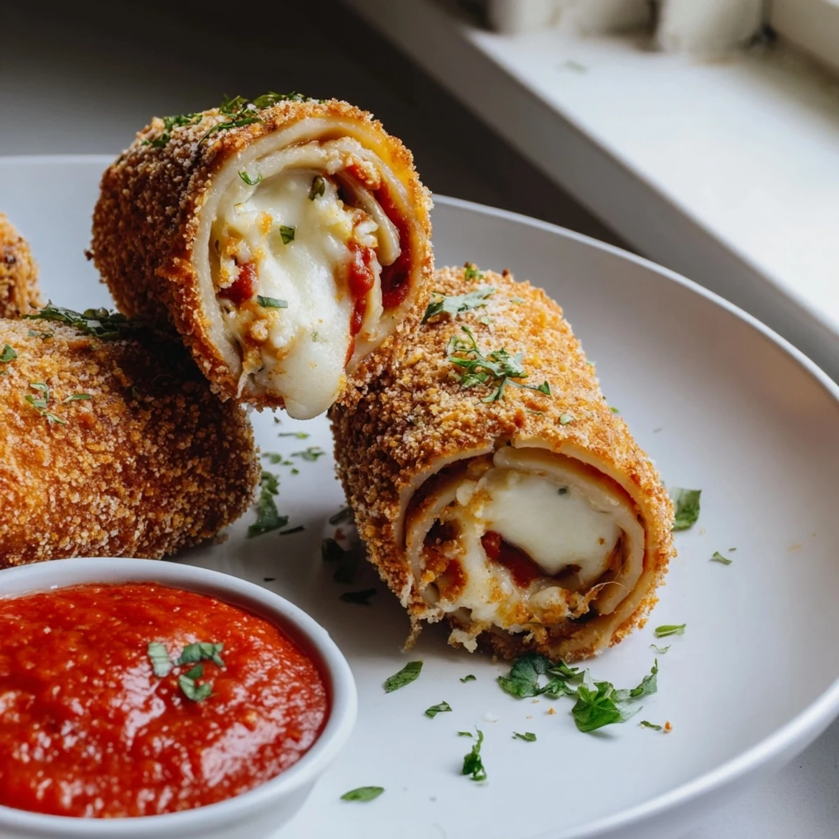 Crispy breadcrumb-coated air fryer lasagna fritta rolls stacked with fresh parsley garnish