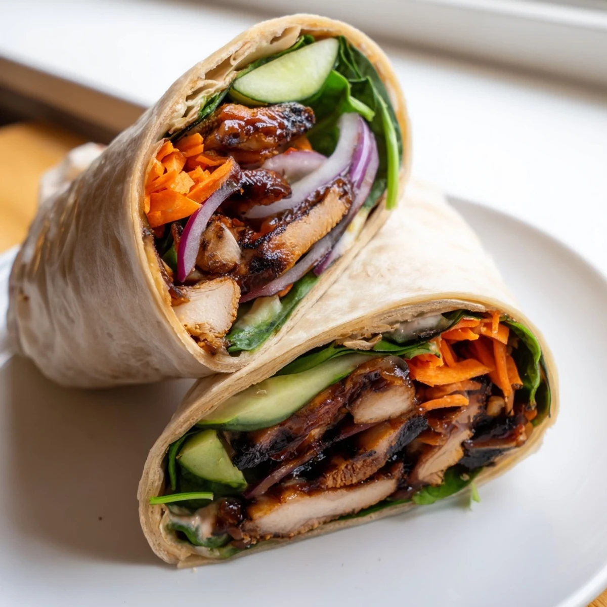 Vegemite charred chicken wrap with crisp vegetables and creamy dijon sauce on rustic parchment