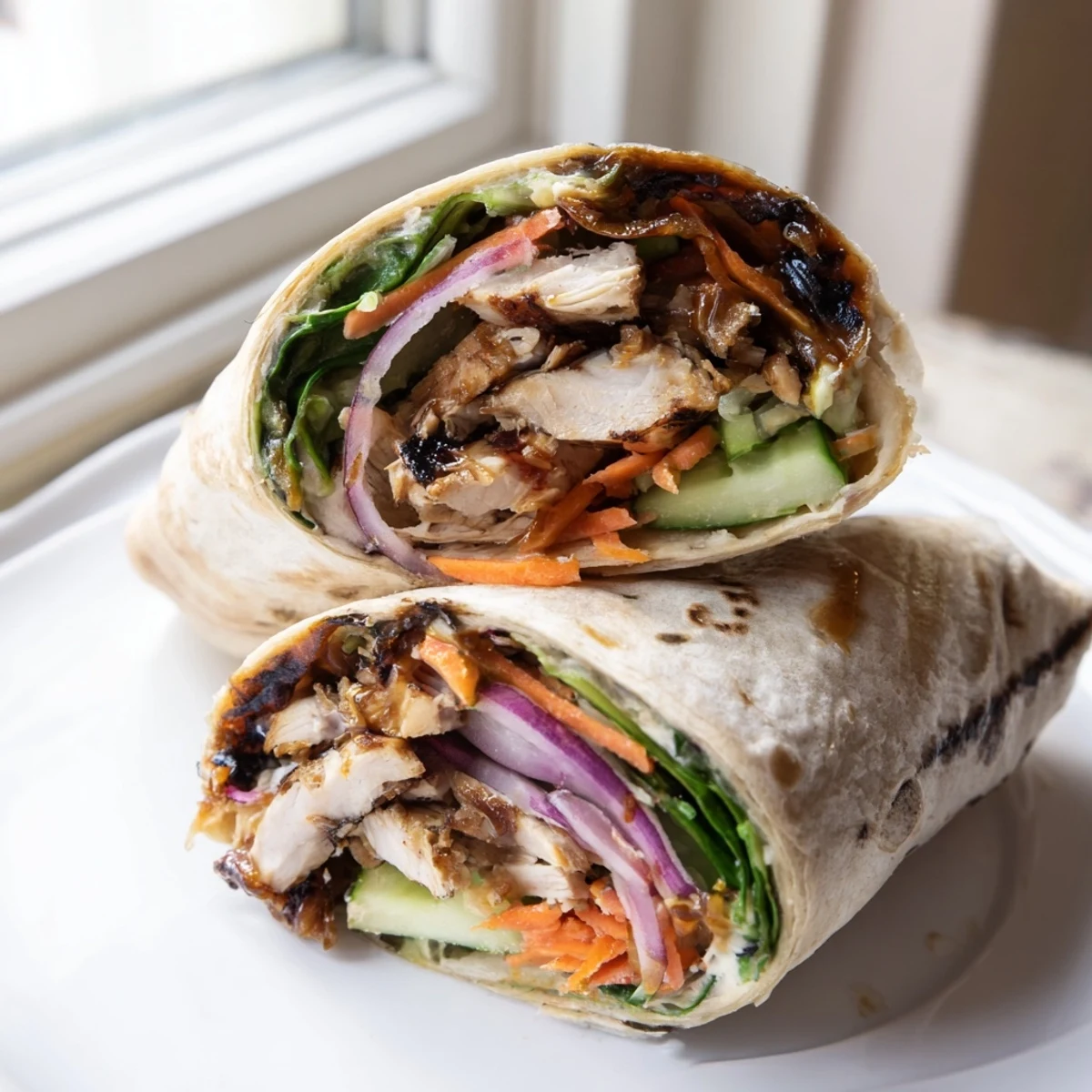 Steaming Vegemite charred chicken wrap rolled tightly in a warm flour tortilla with melted glaze