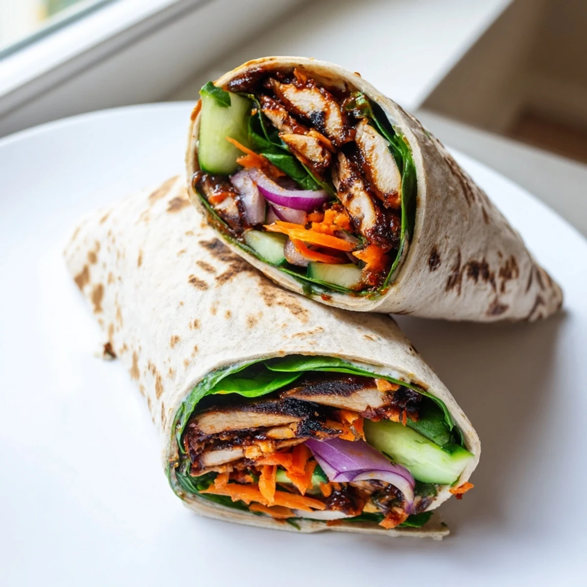 Golden grilled Vegemite charred chicken wrap sliced open revealing juicy meat and fresh crunchy vegetables