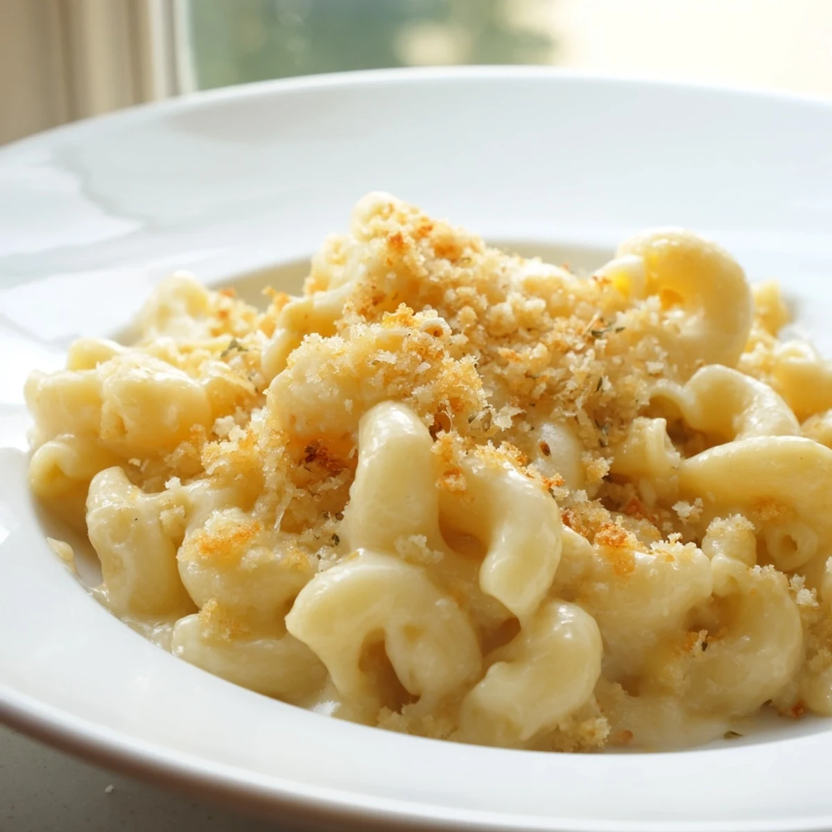 Creamy mac and cheese with golden breadcrumb topping served in a baking dish