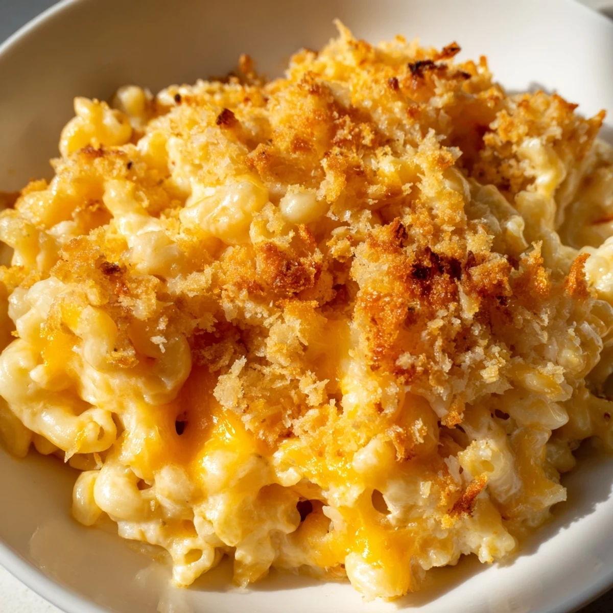 Velvety mac and cheese scooped from a dish showing stretchy melted cheese
