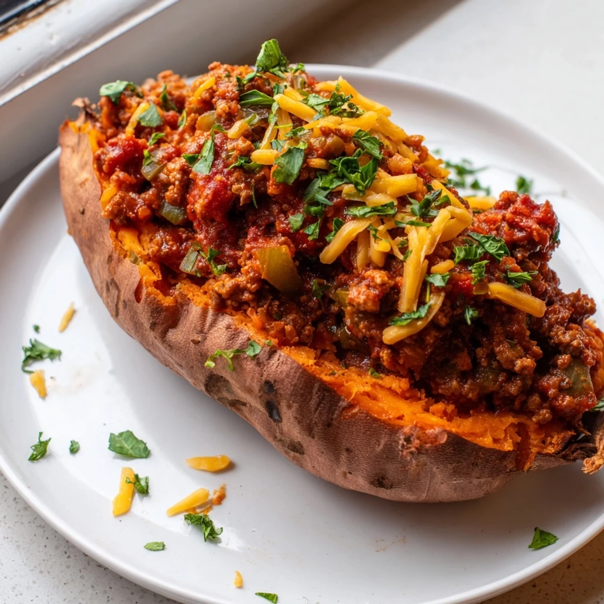 Hearty Sloppy Joe sweet potatoes with melted cheddar cheese on a rustic plate