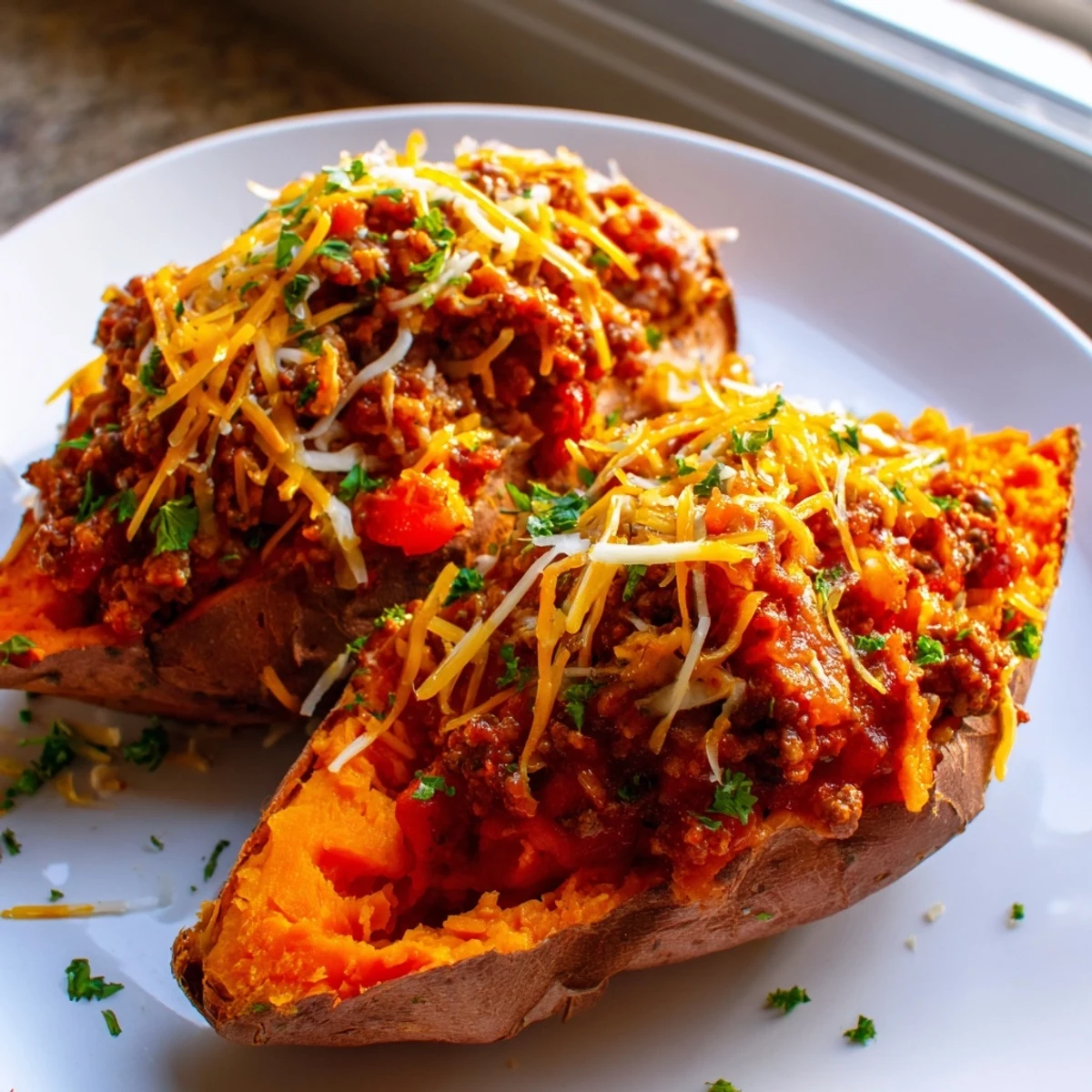 Savory Sloppy Joe sweet potatoes topped with spiced beef and fresh parsley