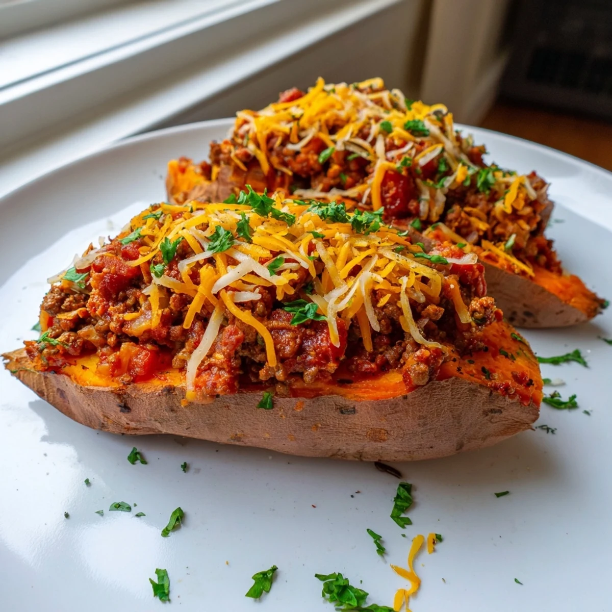 Tender roasted Sloppy Joe sweet potatoes smothered in rich tomato meat sauce