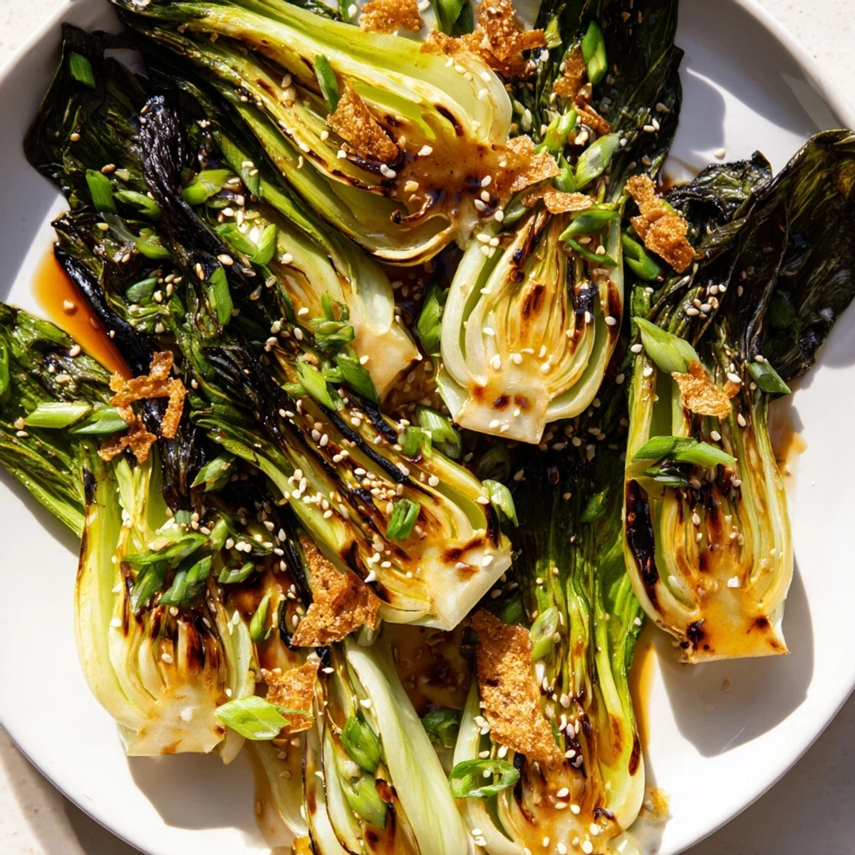 Tender baby bok choy seared cut side down showcasing Caramelized Garlic Bok Choy with sesame seed garnish
