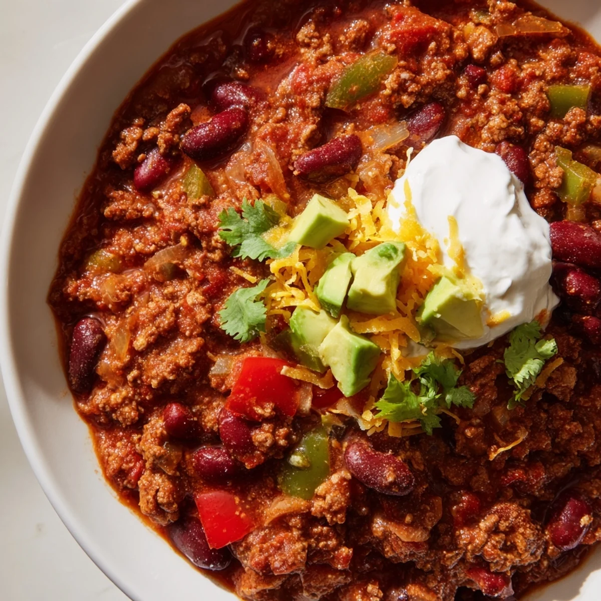 Hearty chili recipe simmering in a rustic Dutch oven with tender beef and beans