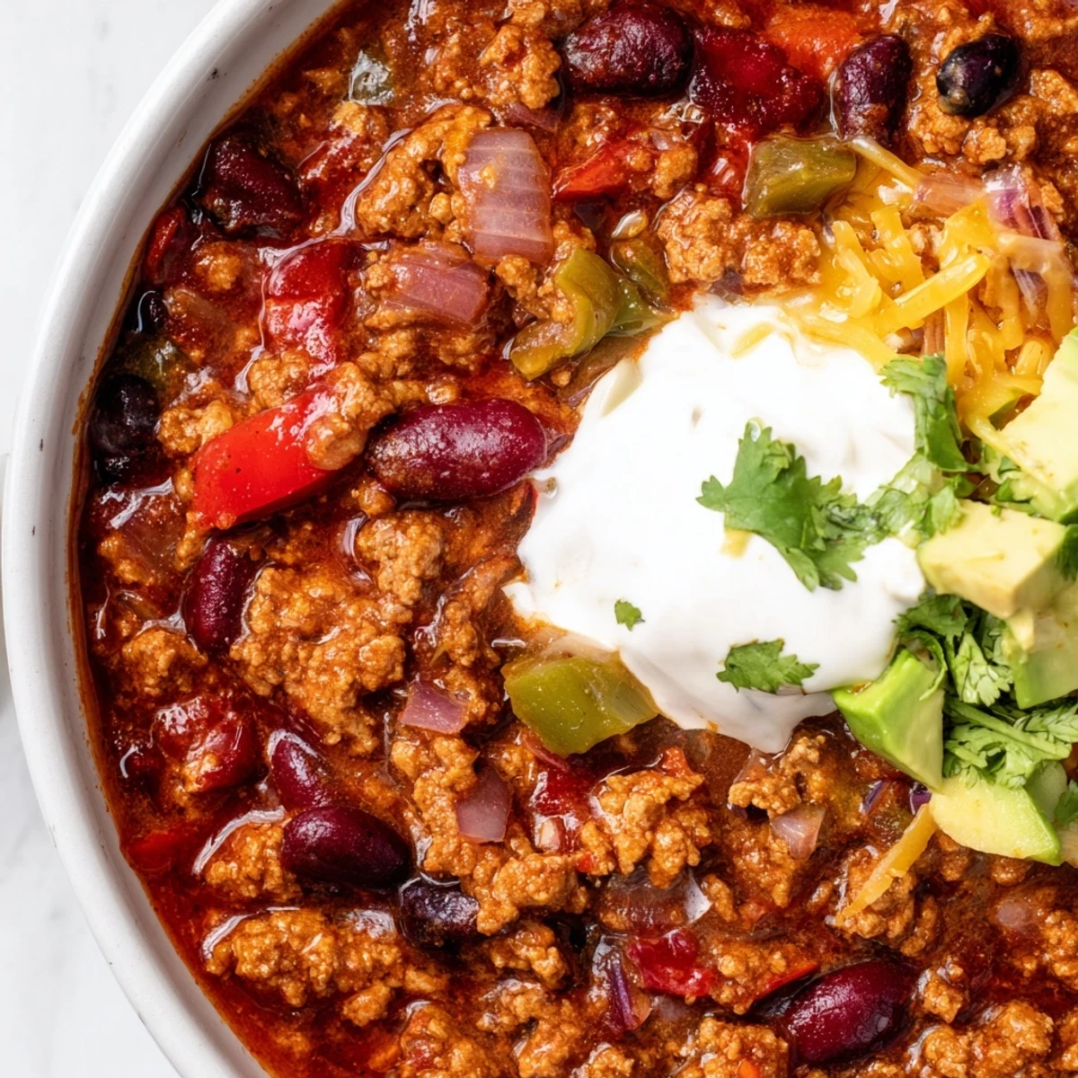 Steaming bowl of homemade chili recipe topped with shredded cheddar and cilantro