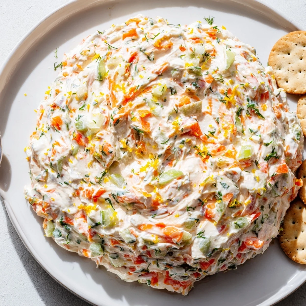 Creamy garden vegetable spread topped with fresh herbs and served alongside rustic crackers