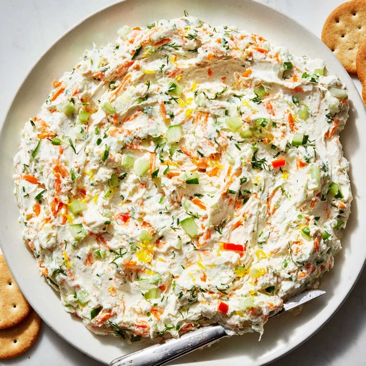 Vibrant garden vegetable spread in a bowl surrounded by crisp toast points and colorful veggies