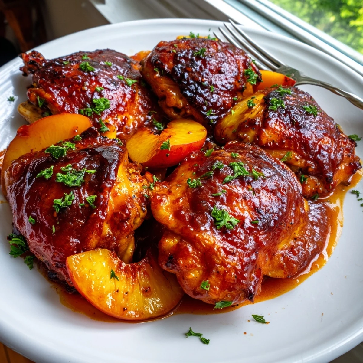Golden roasted peach BBQ chicken bake with caramelized fruit and glossy sticky sauce
