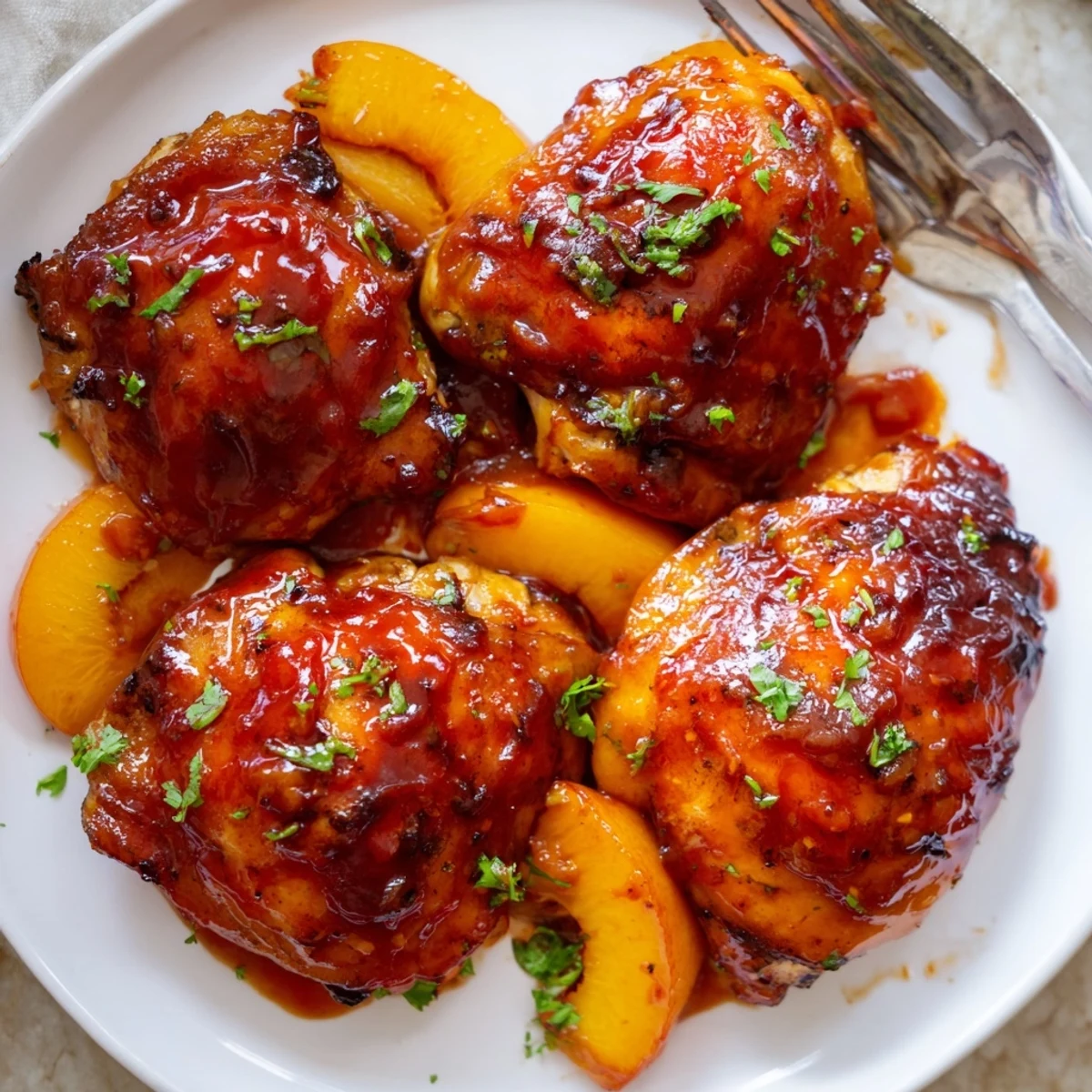 Tender chicken thighs glazed in smoky sweet roasted peach BBQ sauce fresh from oven
