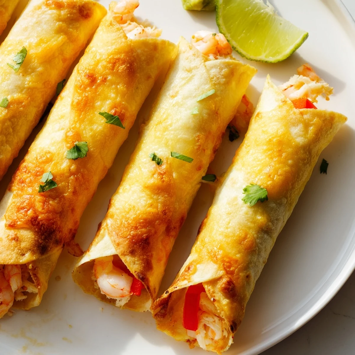 Golden crispy crab and shrimp queso taquitos arranged on a rustic serving plate