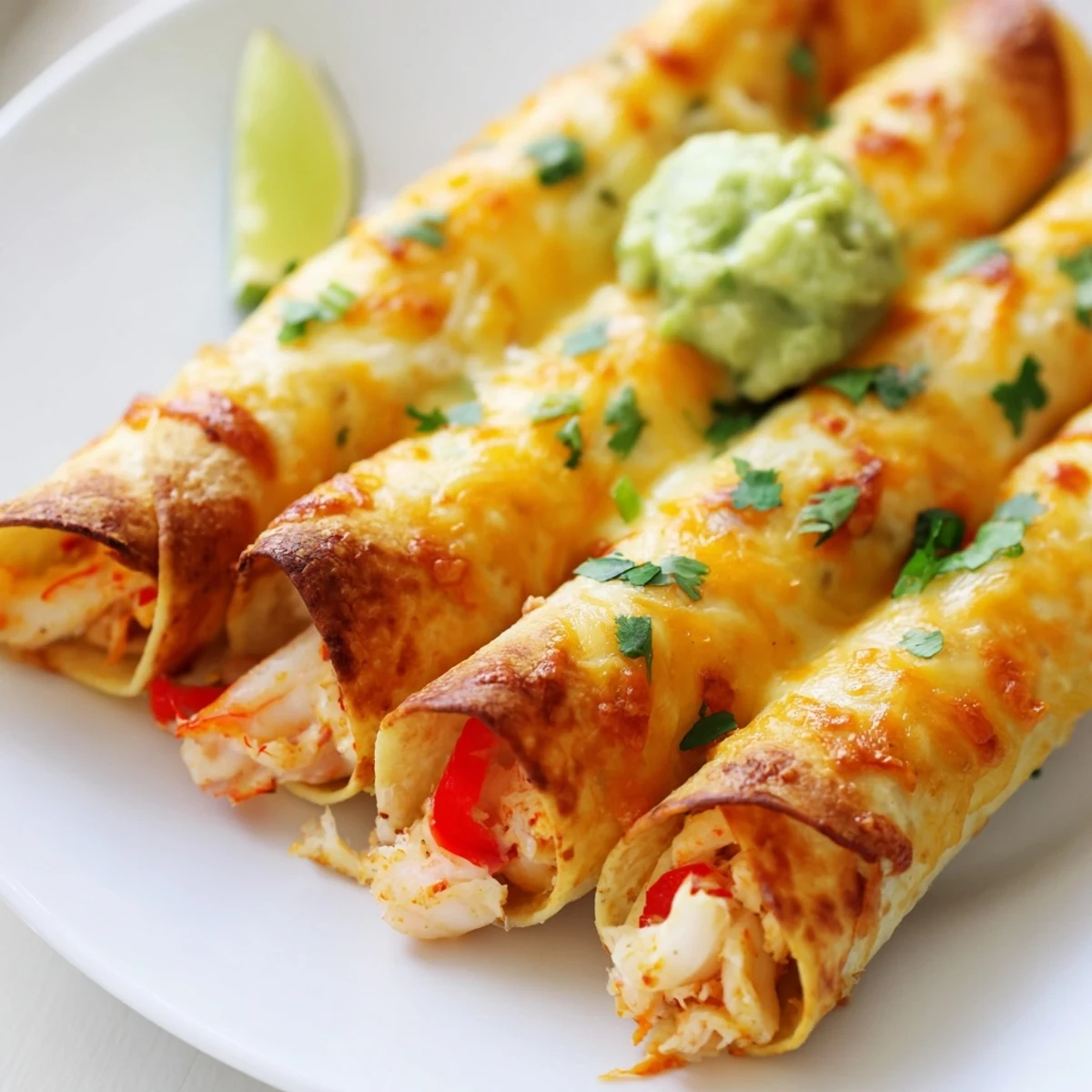 Crunchy crab and shrimp queso taquitos dipped in vibrant green guacamole close-up