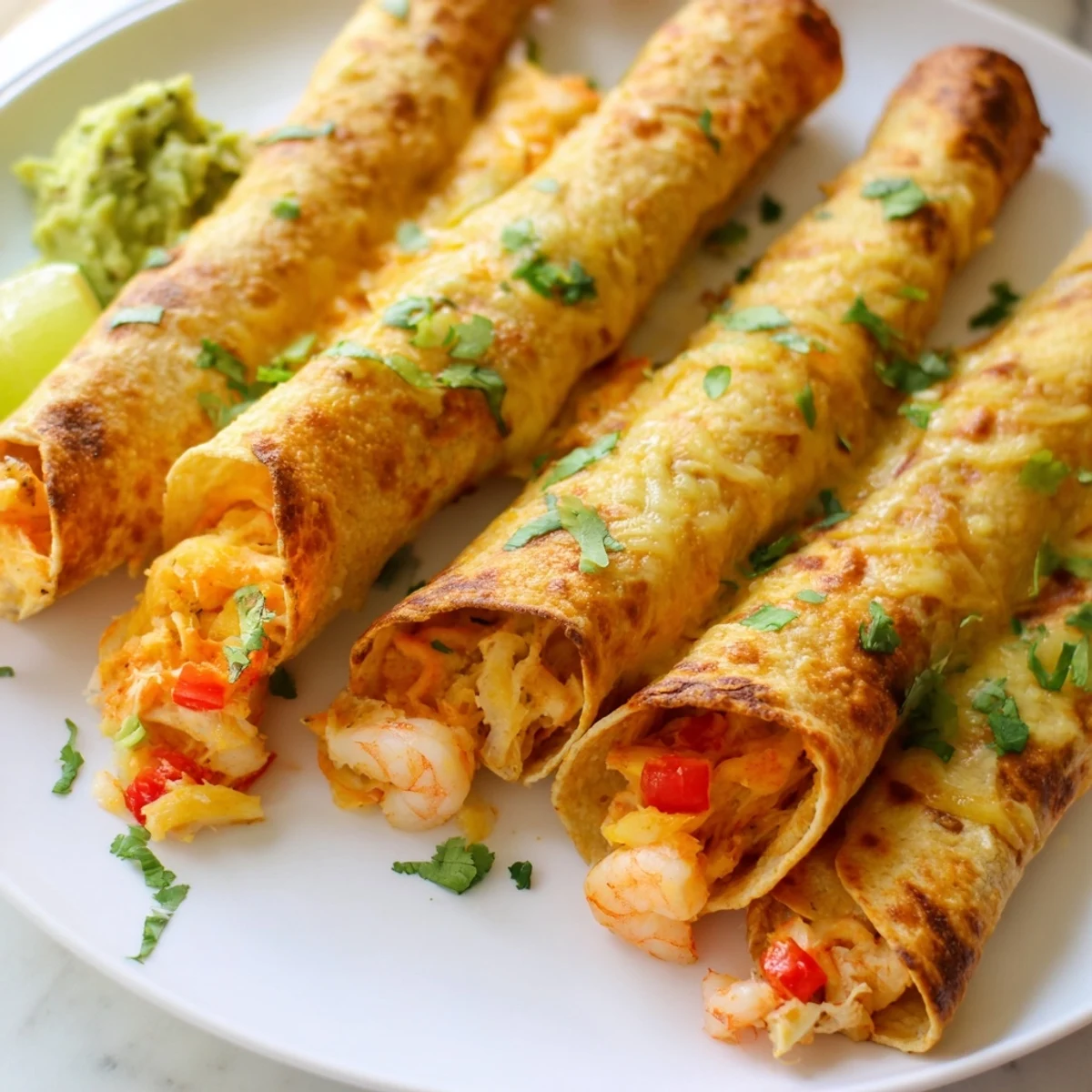 Crab and shrimp queso taquitos with bubbling melted cheese and fresh lime wedges
