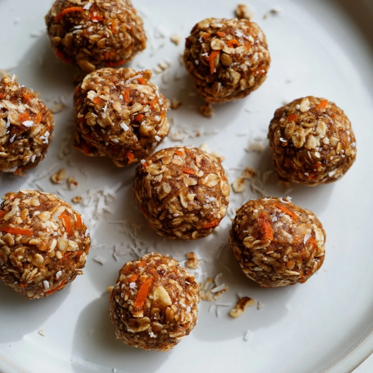 Chewy carrot cake energy balls rolled in coconut on a rustic wooden board