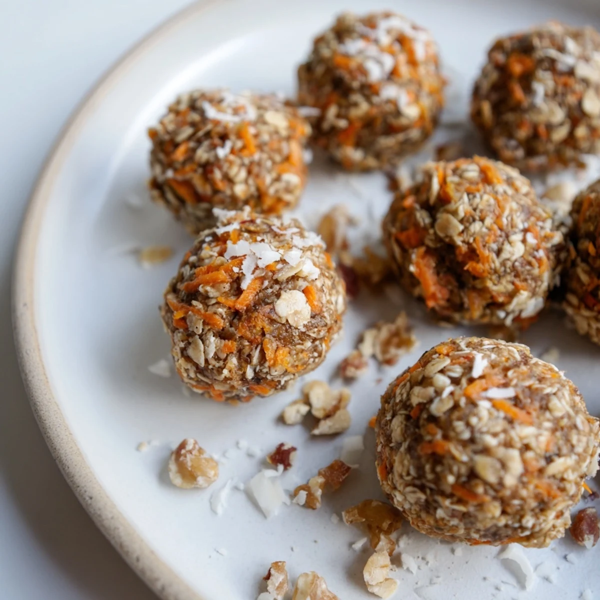 A plate of spiced carrot cake energy balls flecked with orange carrot shreds