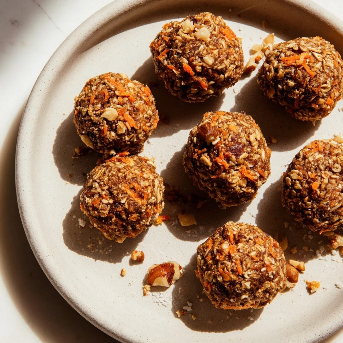 Golden no-bake carrot cake energy balls stacked in a bowl for healthy snacking