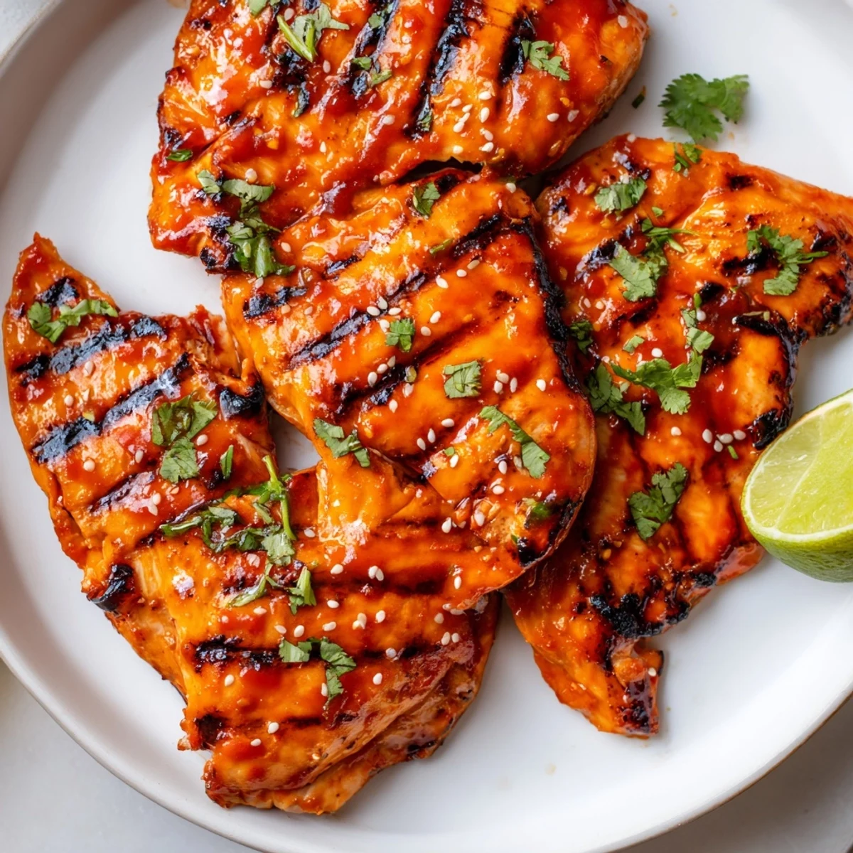 Sweet Chili Grilled Chicken with a glossy glaze, garnished with sesame seeds and fresh cilantro