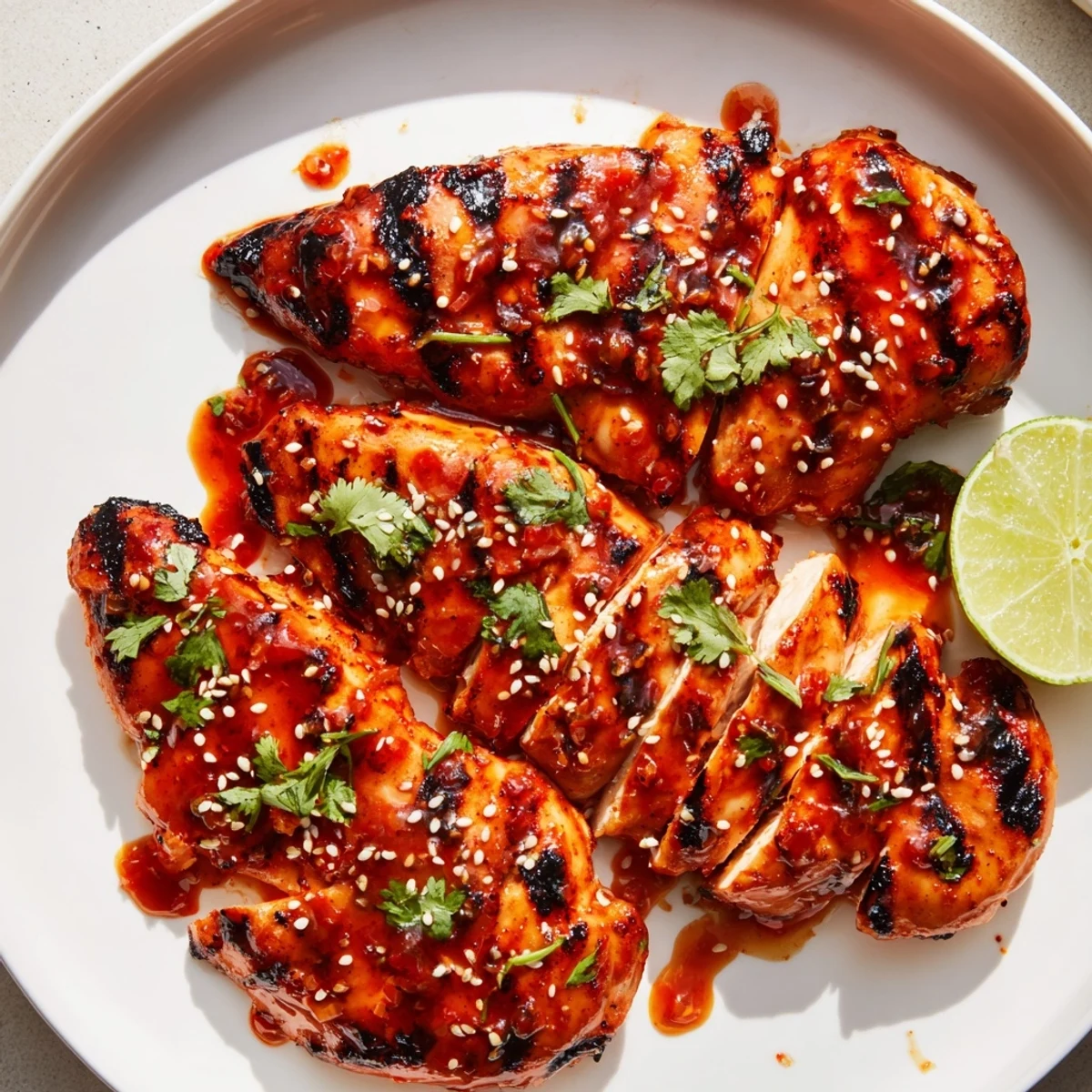 Golden Sweet Chili Grilled Chicken served on a platter with lime wedges and steamed jasmine rice