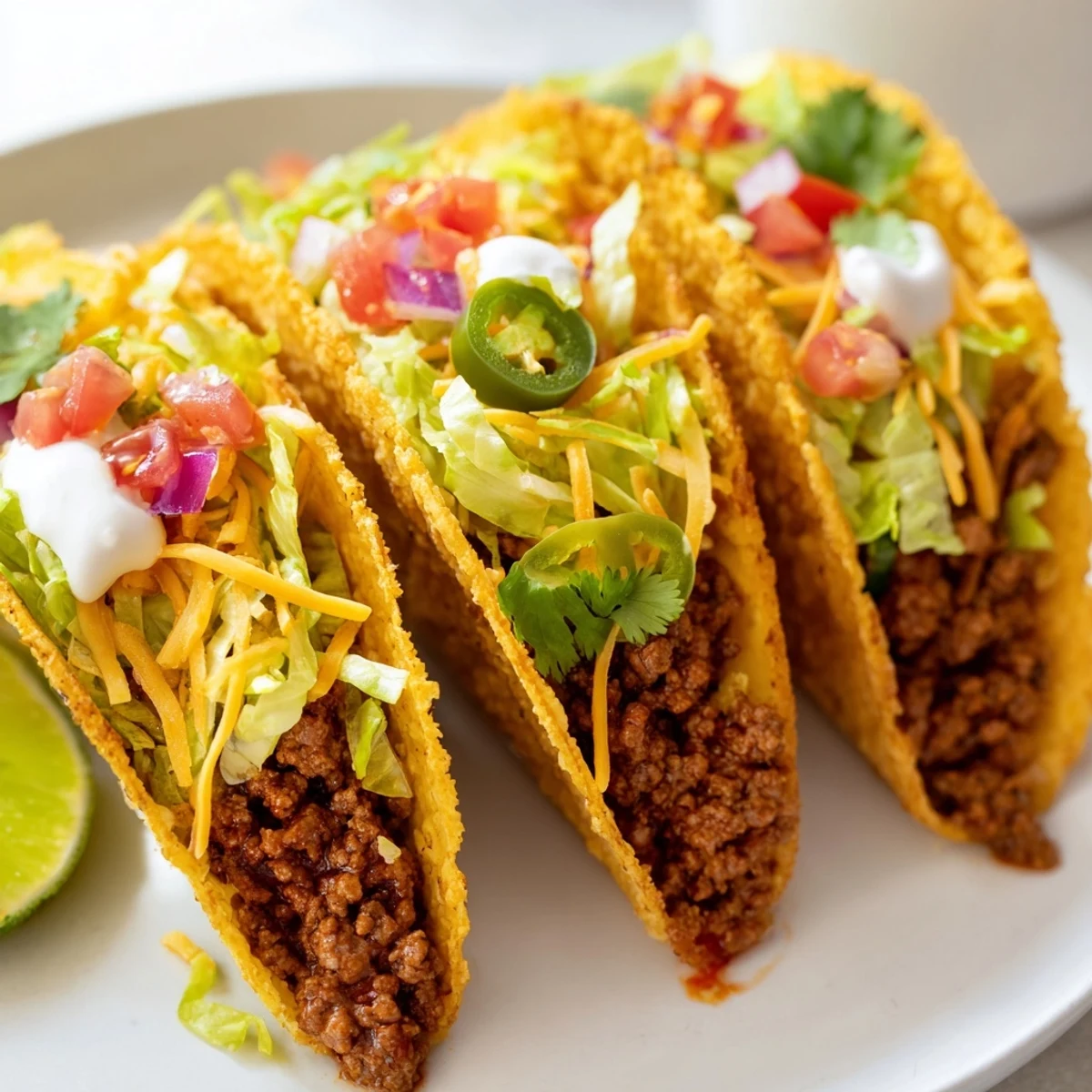 Golden fried crispy beef tacos loaded with seasoned meat, melted cheese, and fresh toppings