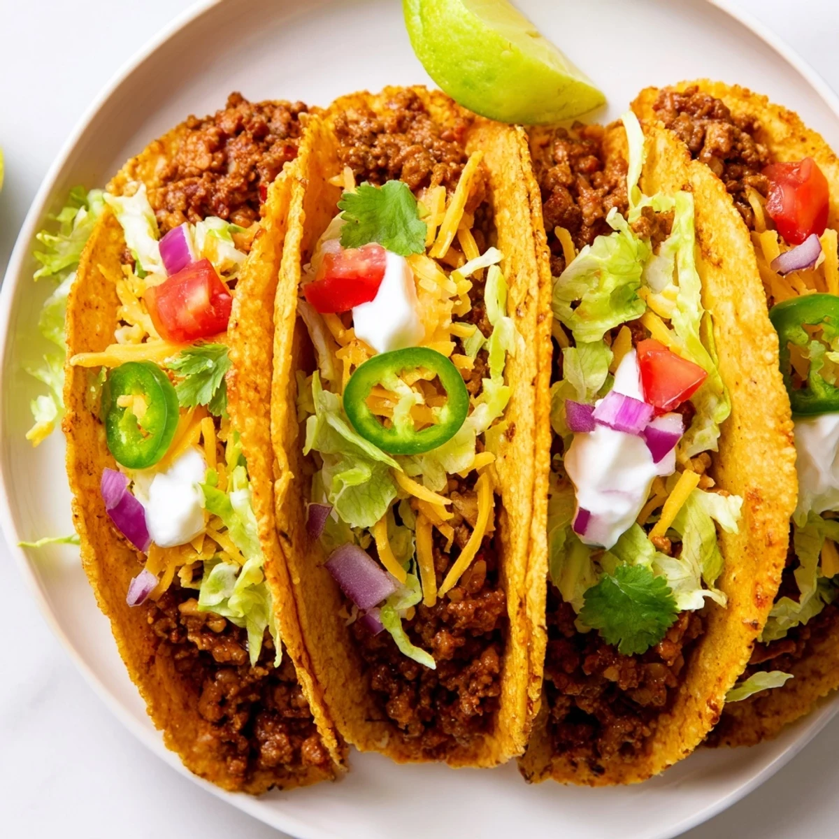 Crispy beef tacos served on a rustic plate with zesty lime wedges and cilantro