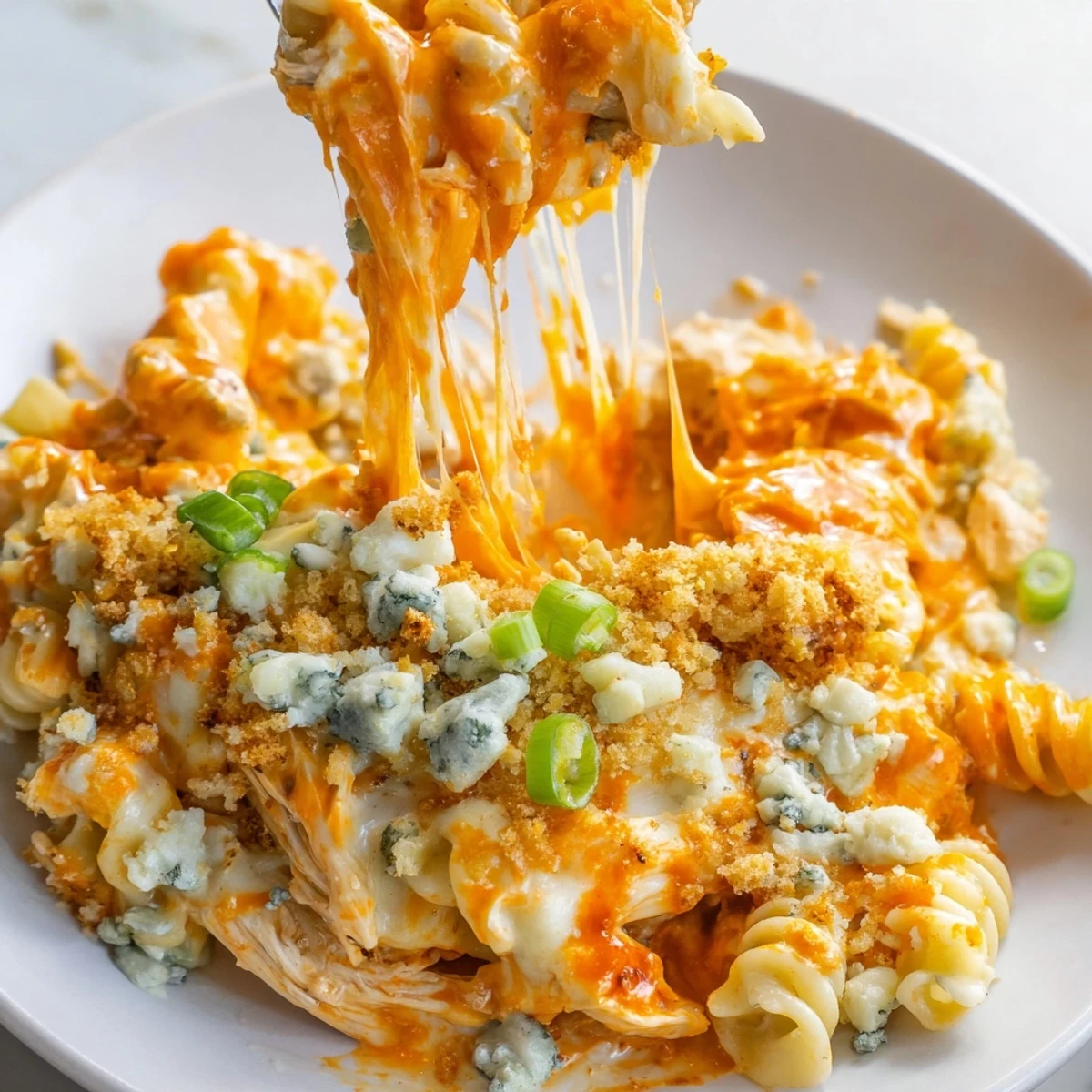 Bubbling Cheesy Buffalo Chicken Dip Casserole fresh from the oven with golden melted cheese on top