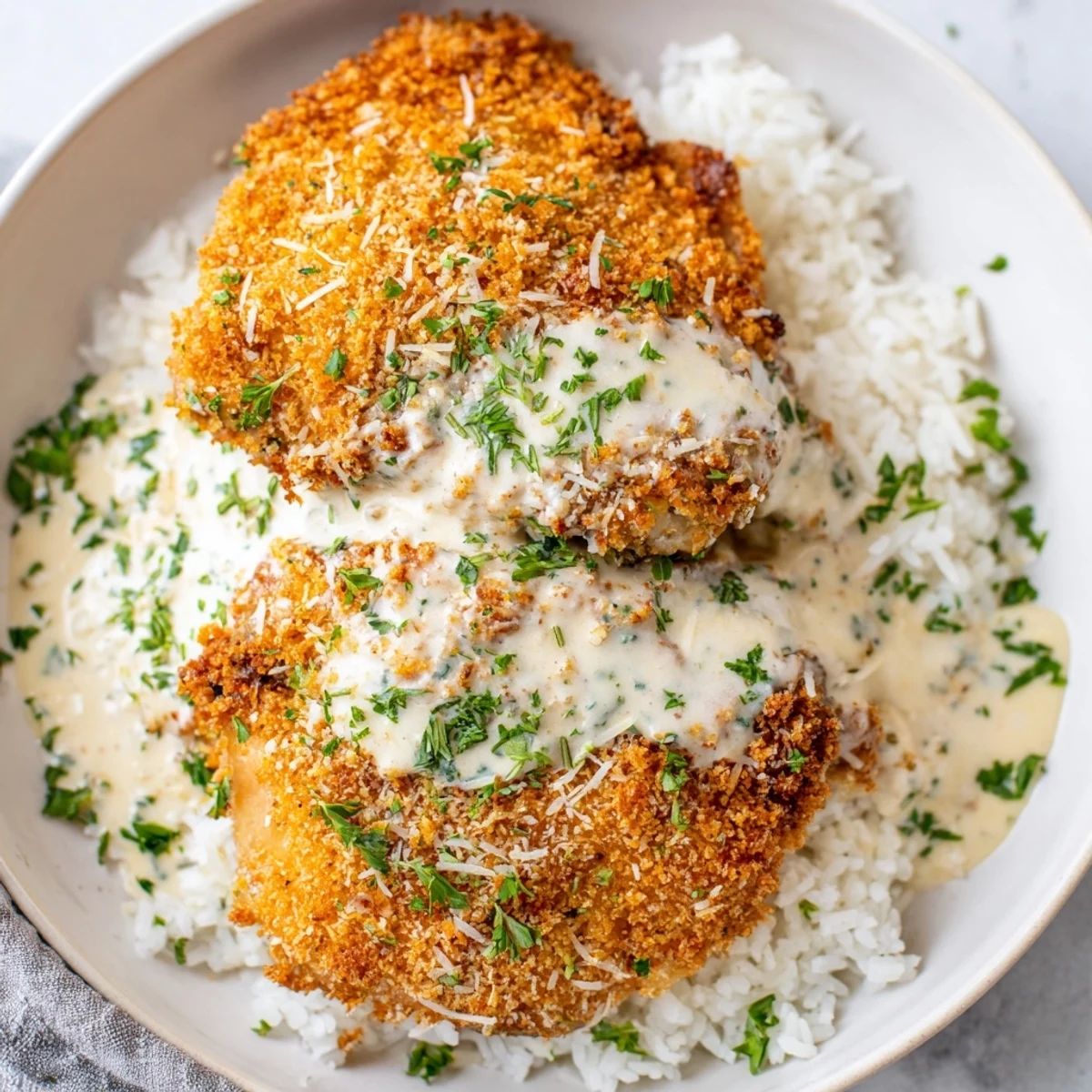 Crispy golden herb crusted chicken thighs nestled in creamy garlic sauce over white rice