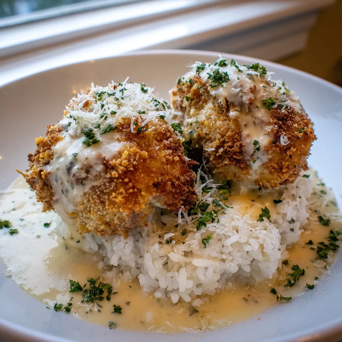Golden herb crusted chicken thighs in rich creamy garlic sauce served alongside steamed long grain rice