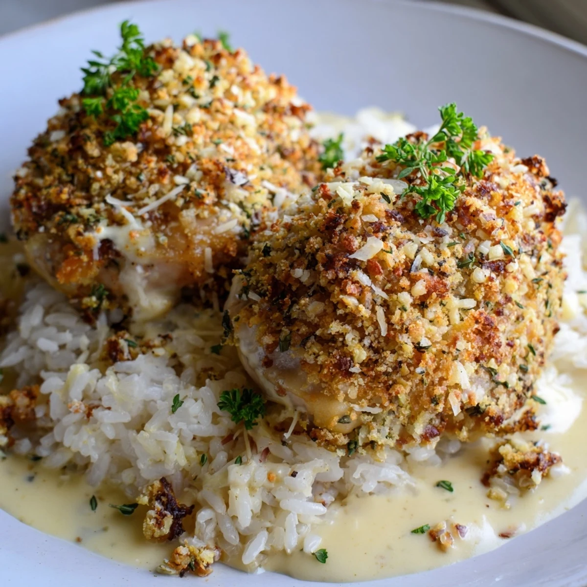 Juicy herb crusted chicken thighs drizzled with velvety garlic sauce on a bed of fluffy rice