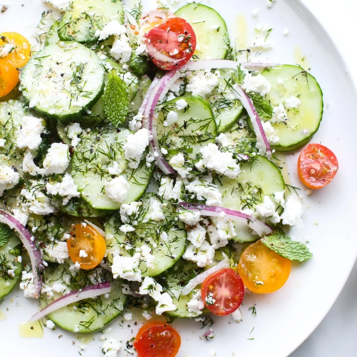 Crumbled feta tops a bright feta cucumber herb salad with cherry tomatoes and fresh dill.