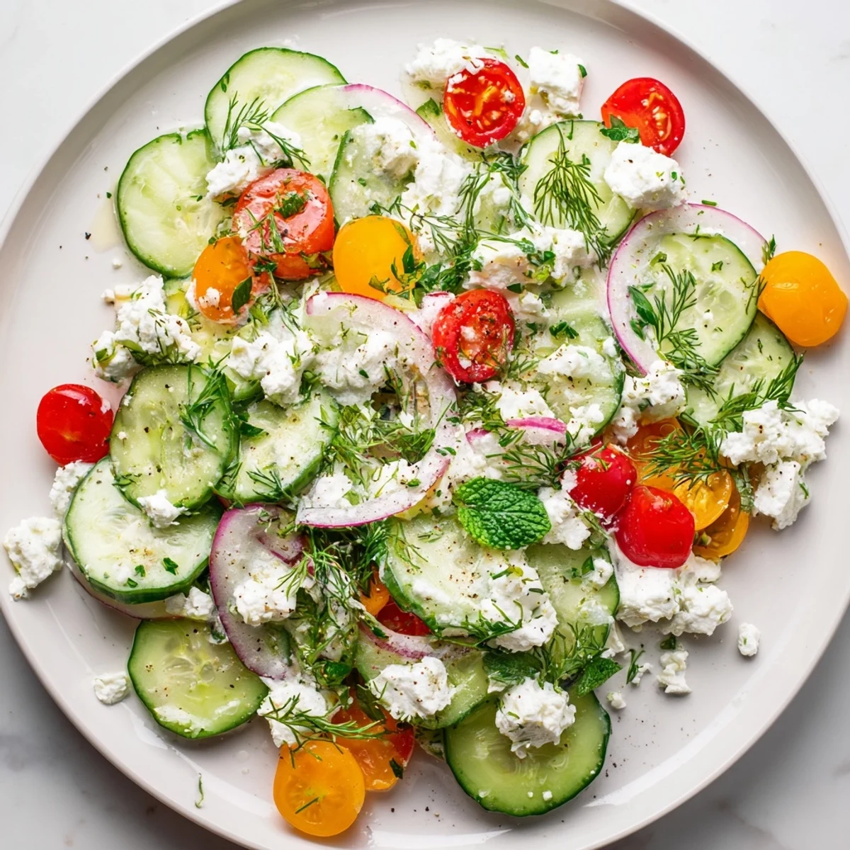 Creamy feta cubes sit atop a crisp feta cucumber herb salad drizzled with olive oil.