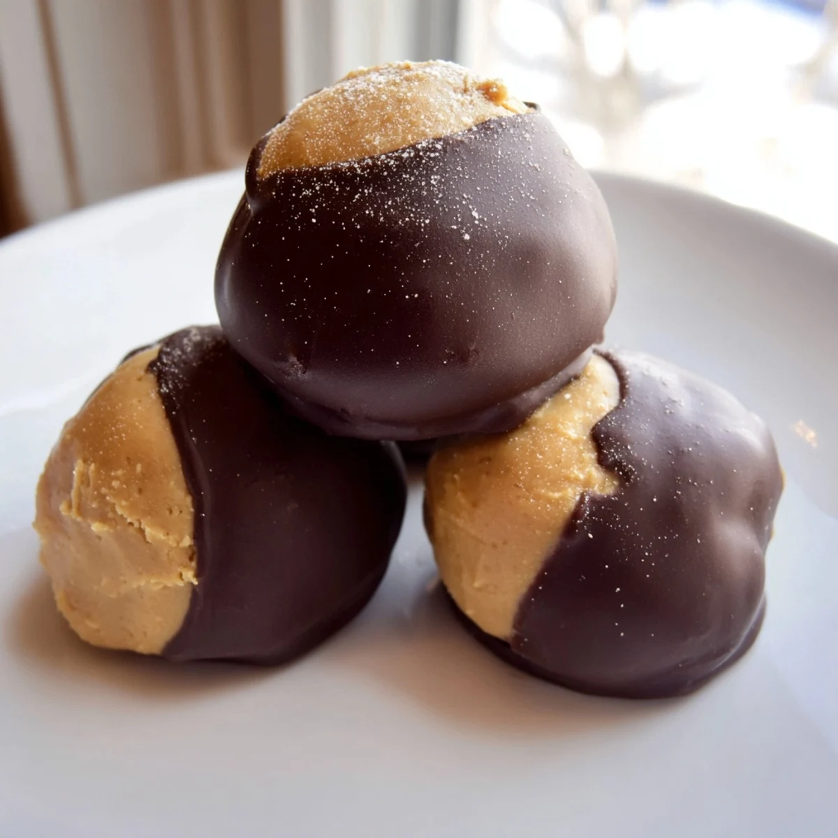 Golden peanut butter balls partially dipped in chocolate to make classic buckeye cookies