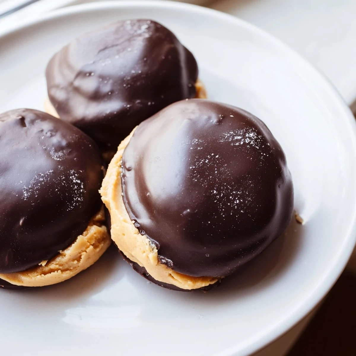 Glossy buckeye cookies with creamy peanut butter centers on a rustic baking sheet