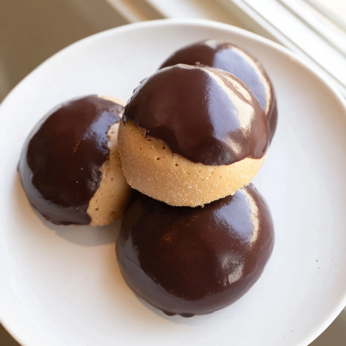 Chewy buckeye cookies arranged on a holiday dessert tray with a dusted powdered sugar finish