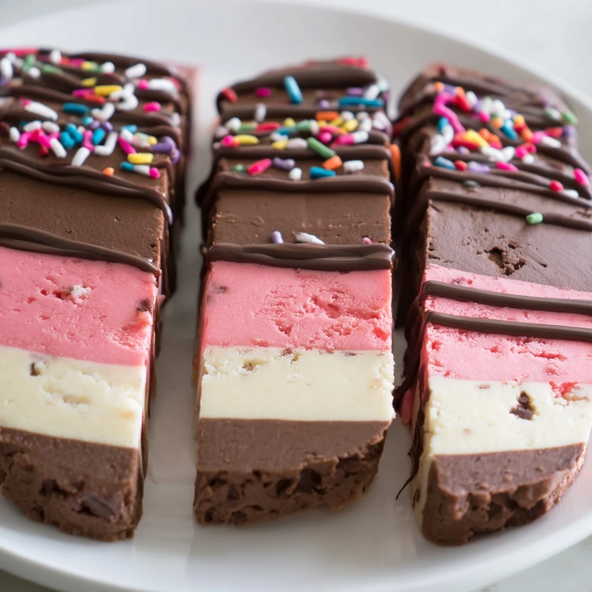 Colorful Neapolitan cookies with chocolate, vanilla, and pink strawberry layers on a rustic baking sheet