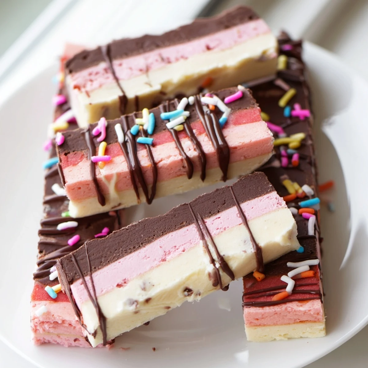 Neapolitan cookies sliced into neat squares revealing tri-colored layers drizzled with melted semisweet chocolate
