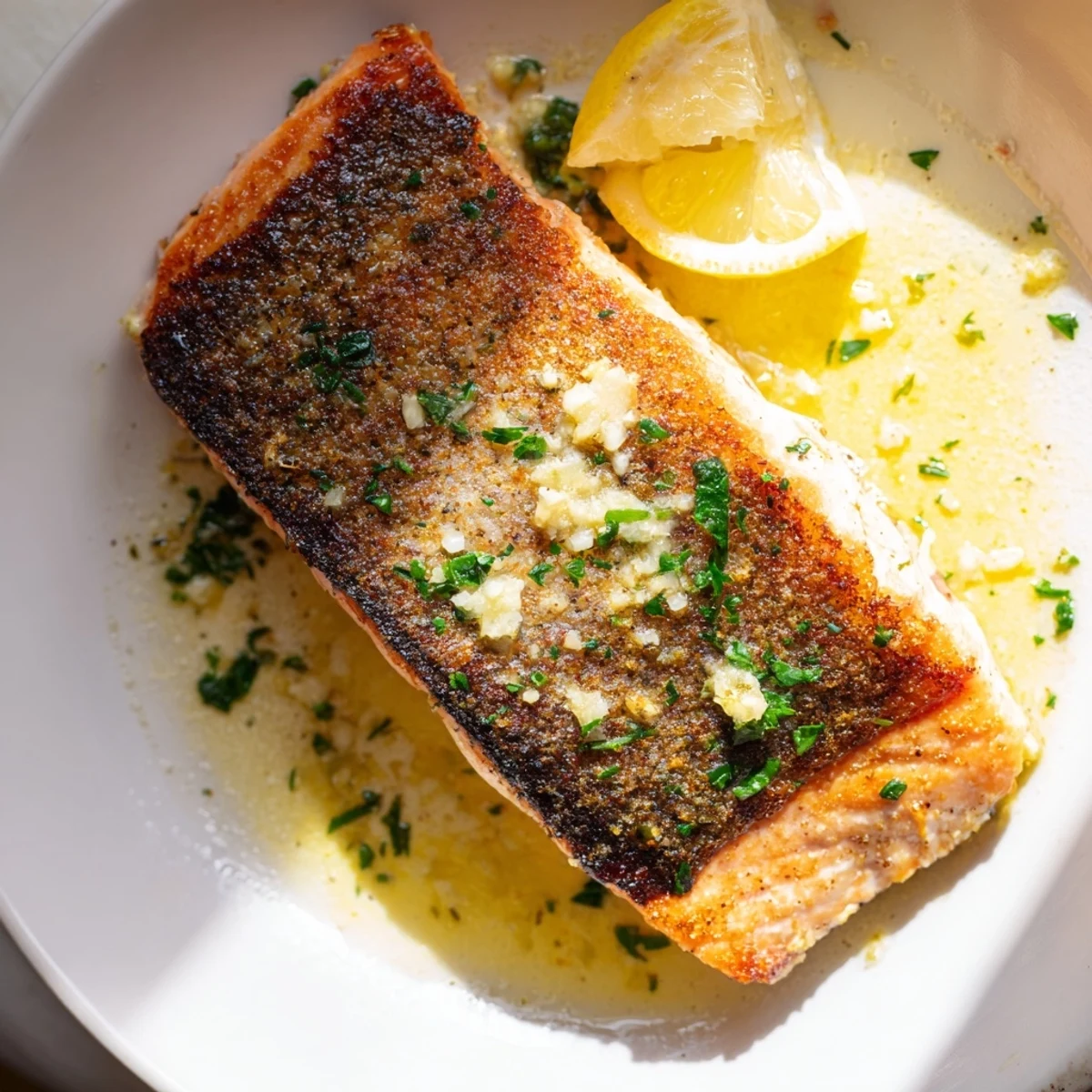 Golden garlic butter salmon fillet drizzled with rich lemon herb sauce on a white plate