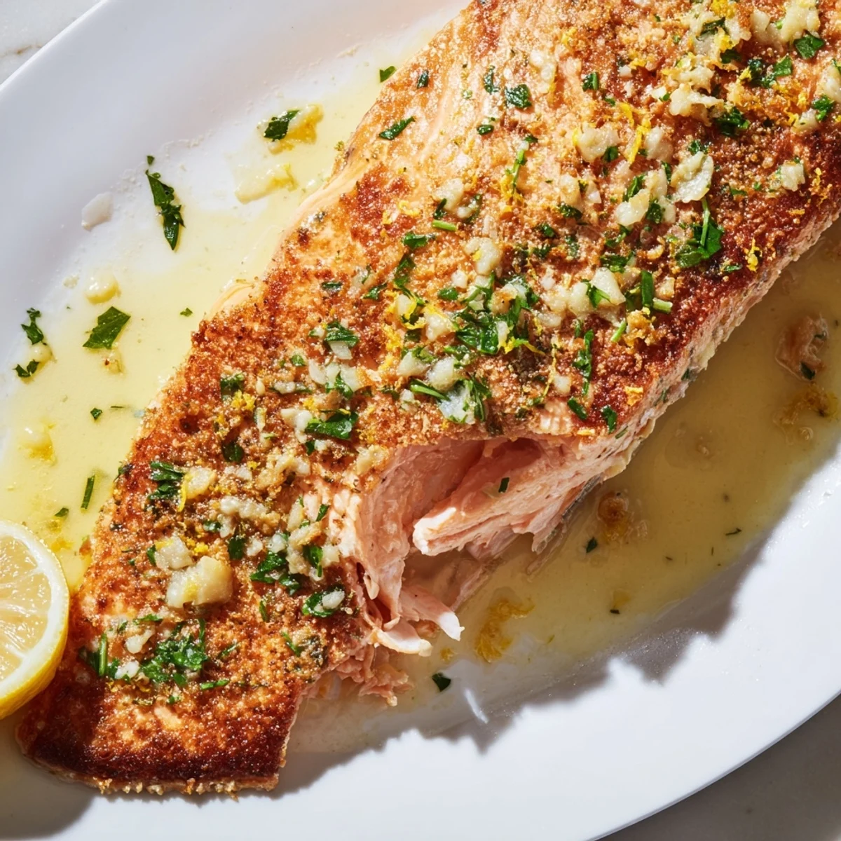Sizzling garlic butter salmon garnished with fresh parsley and bright lemon wedges
