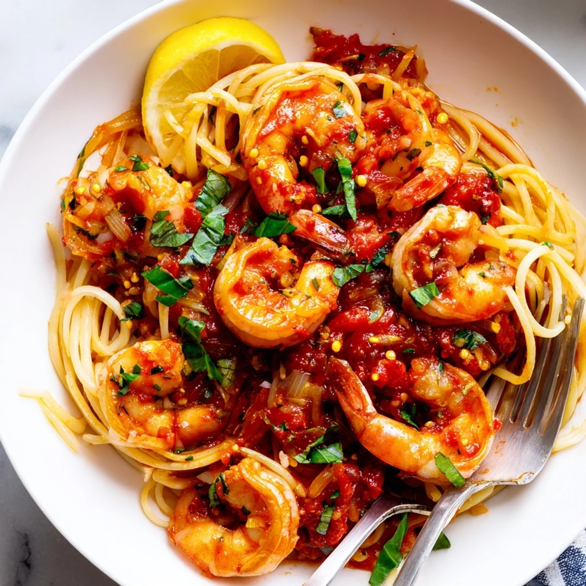 Golden sautéed shrimp glazed in spicy Shrimp Fra Diavolo sauce, plated alongside perfectly twirled al dente spaghetti.