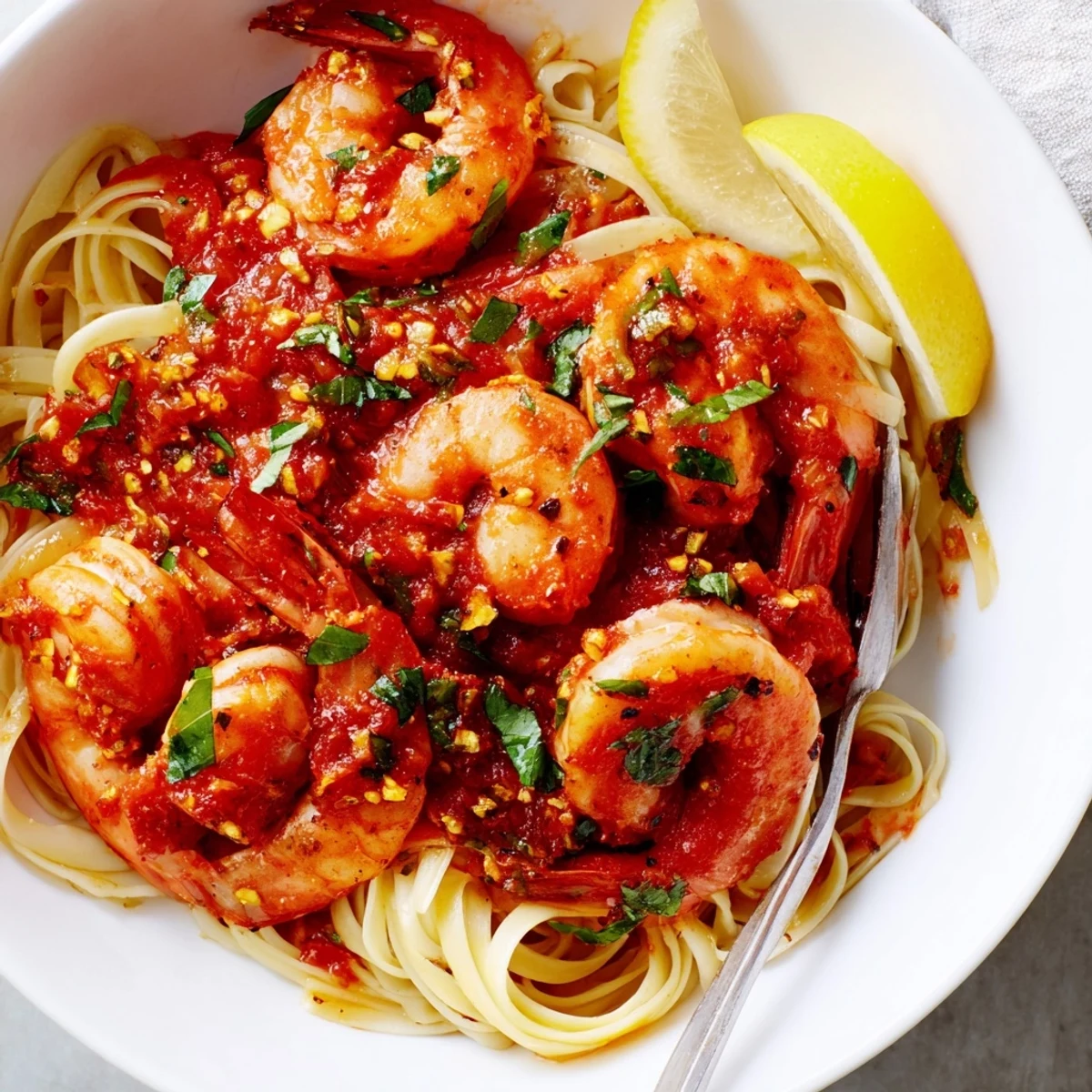 Plump Shrimp Fra Diavolo nestled in a fiery, garlicky tomato sauce over tender linguine pasta.