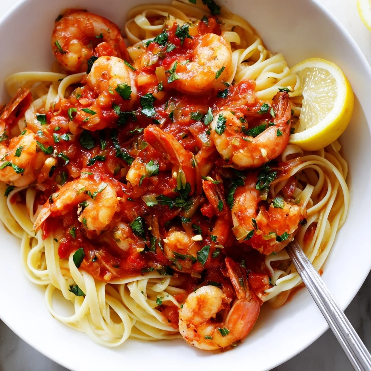 Sizzling skillet of Shrimp Fra Diavolo with fresh parsley, basil, and a vibrant red pepper kick.