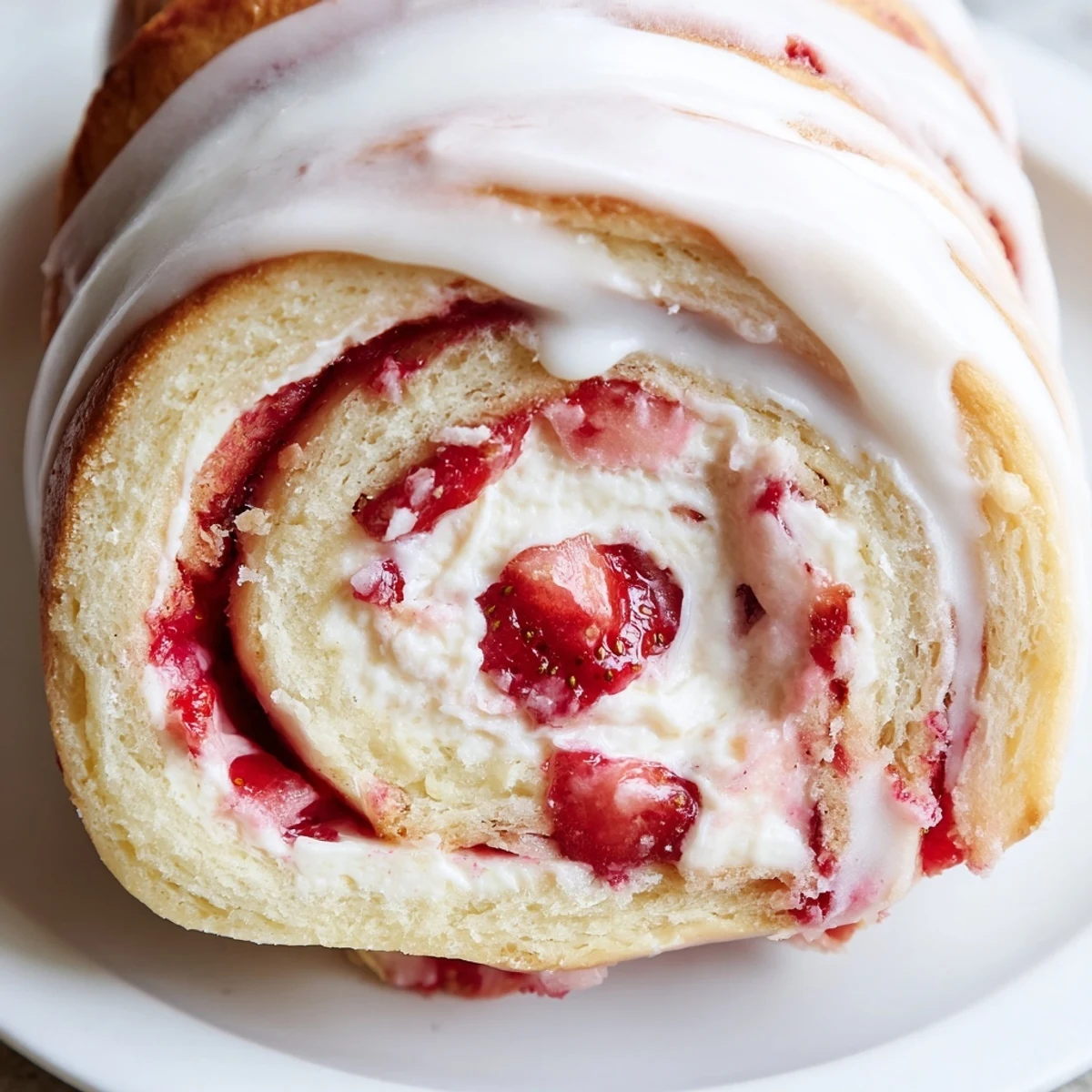 Golden strawberry cheesecake rolls drizzled with sweet vanilla glaze on a rustic plate