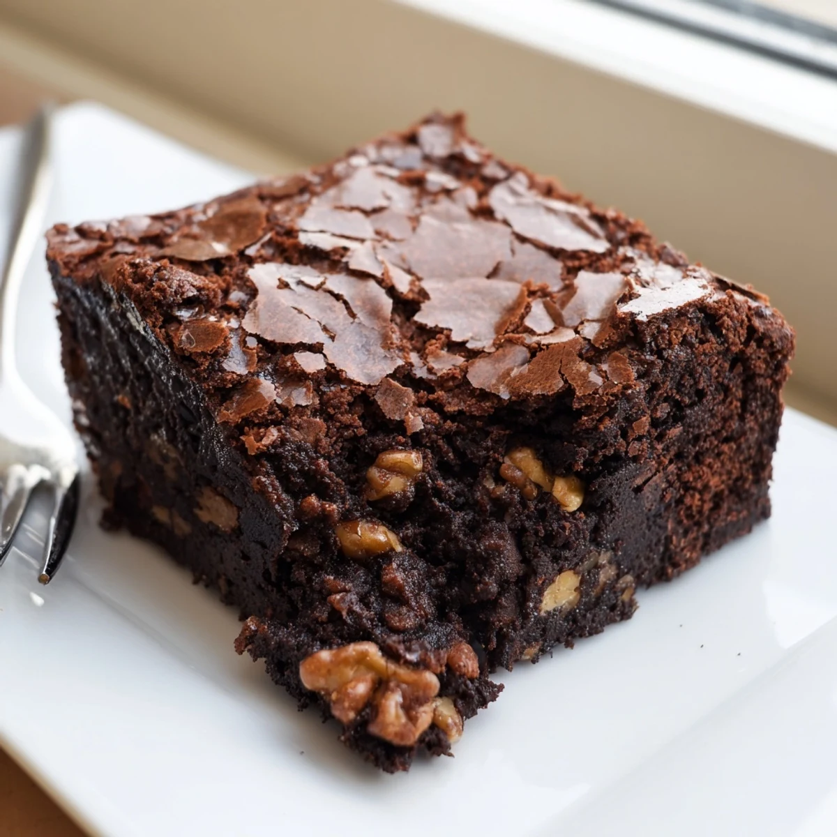 Gooey chocolate brownies studded with walnuts displayed on a parchment-lined baking pan