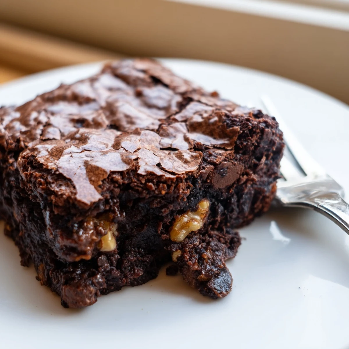 Warm homemade brownies topped with vanilla ice cream on a rustic plate