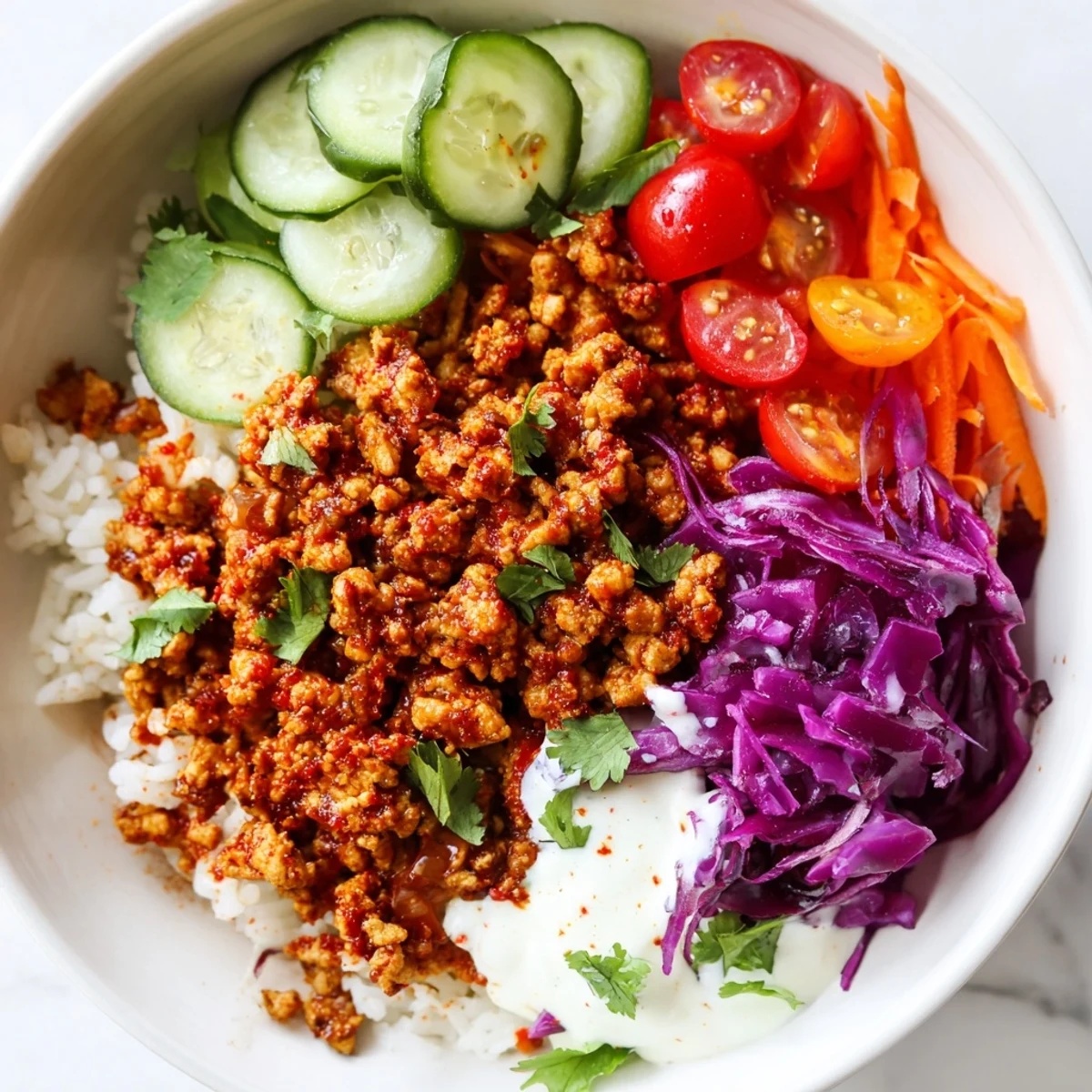 Spiced turkey rice bowls with colorful fresh vegetables and creamy drizzled yogurt sauce