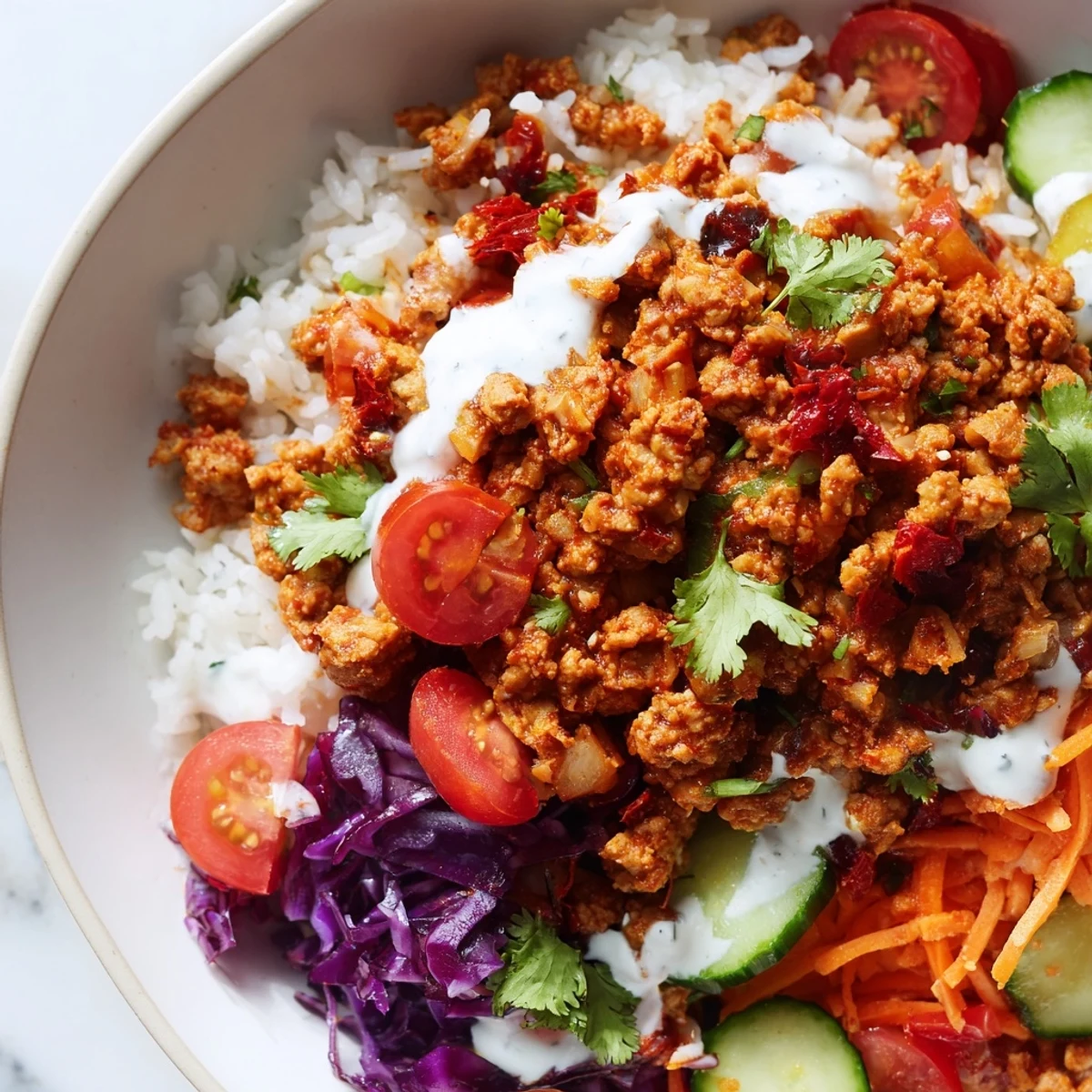 Aromatic spiced turkey rice bowls topped with julienned carrots cabbage and lime wedges