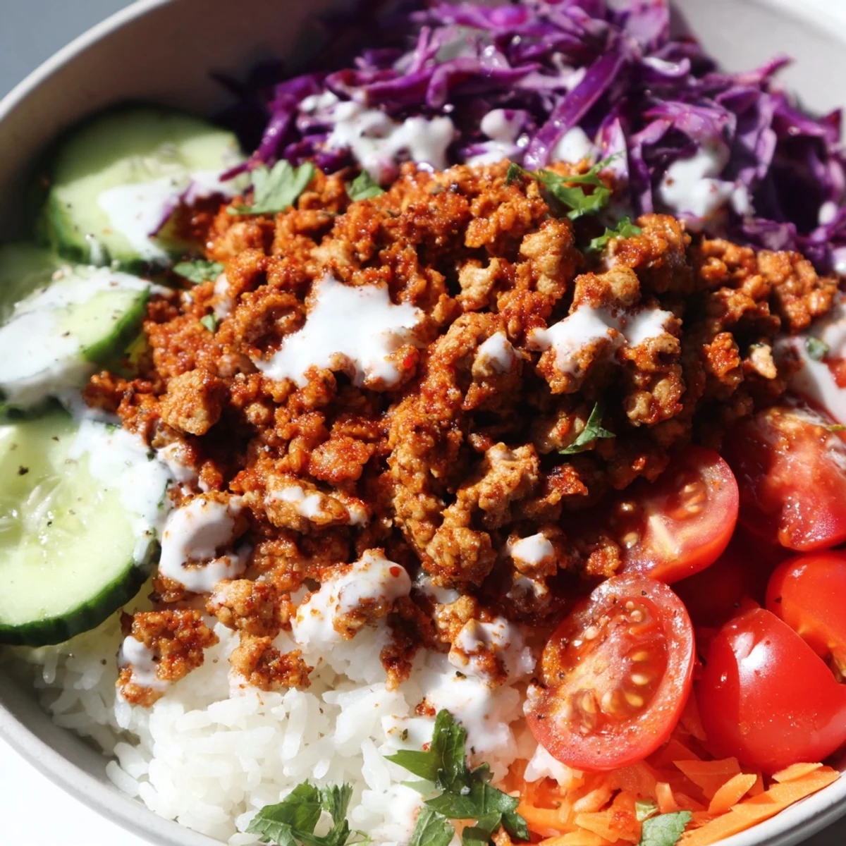 Warm fluffy jasmine rice topped with savory spiced ground turkey and crisp vegetables